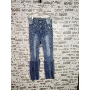 Boho Beaded Distressed Pearl Embellish Feather‎ Hem Flare Jeans Size 28 Blue Y2K